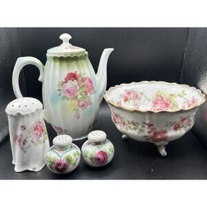 Beautiful Shabby Chic Porcelain Lot Hand Painted Pink Roses Tea Pot & More -5O